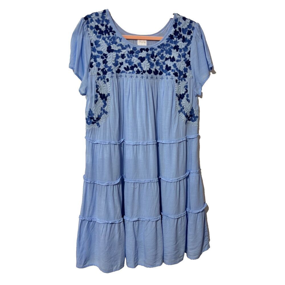 J. Marie Womens Blue Floral Embroidered Tiered Fit & Flare Dress Size Medium